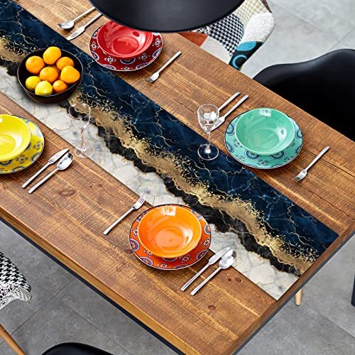 Marble Table Runner 72 Inches Long, Ink Golden Marble Texture Table Runner