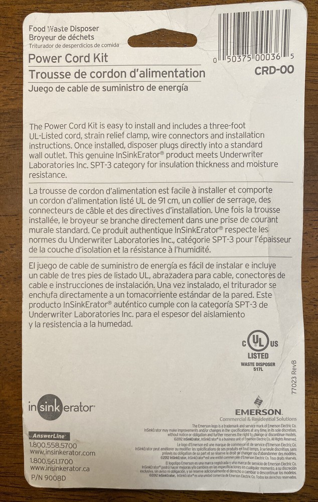 InSinkErator CRD-00 Power Cord Accessory Kit for InSinkErator ,Badger