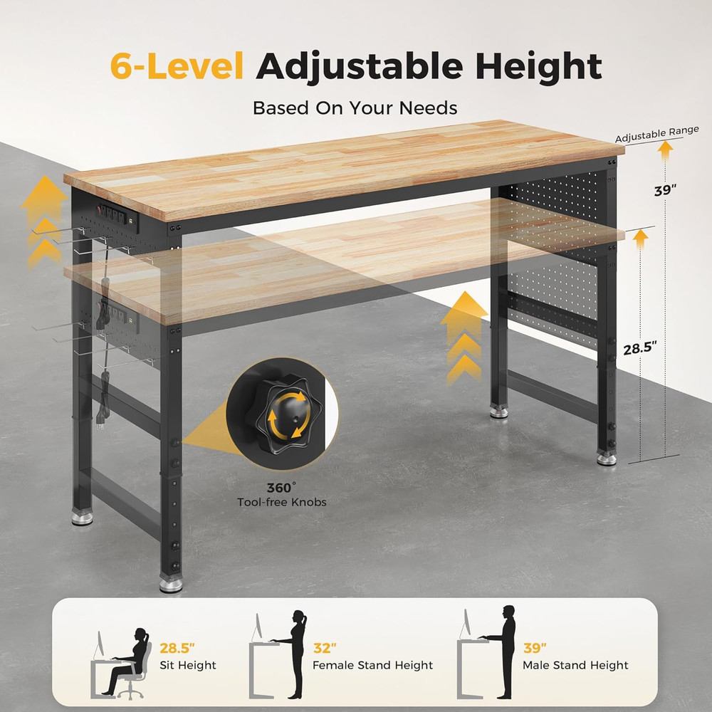 60" Adjustable Heavy Duty Workbench, 2000 LBS Load Capacity Rubber Wood Work Tab