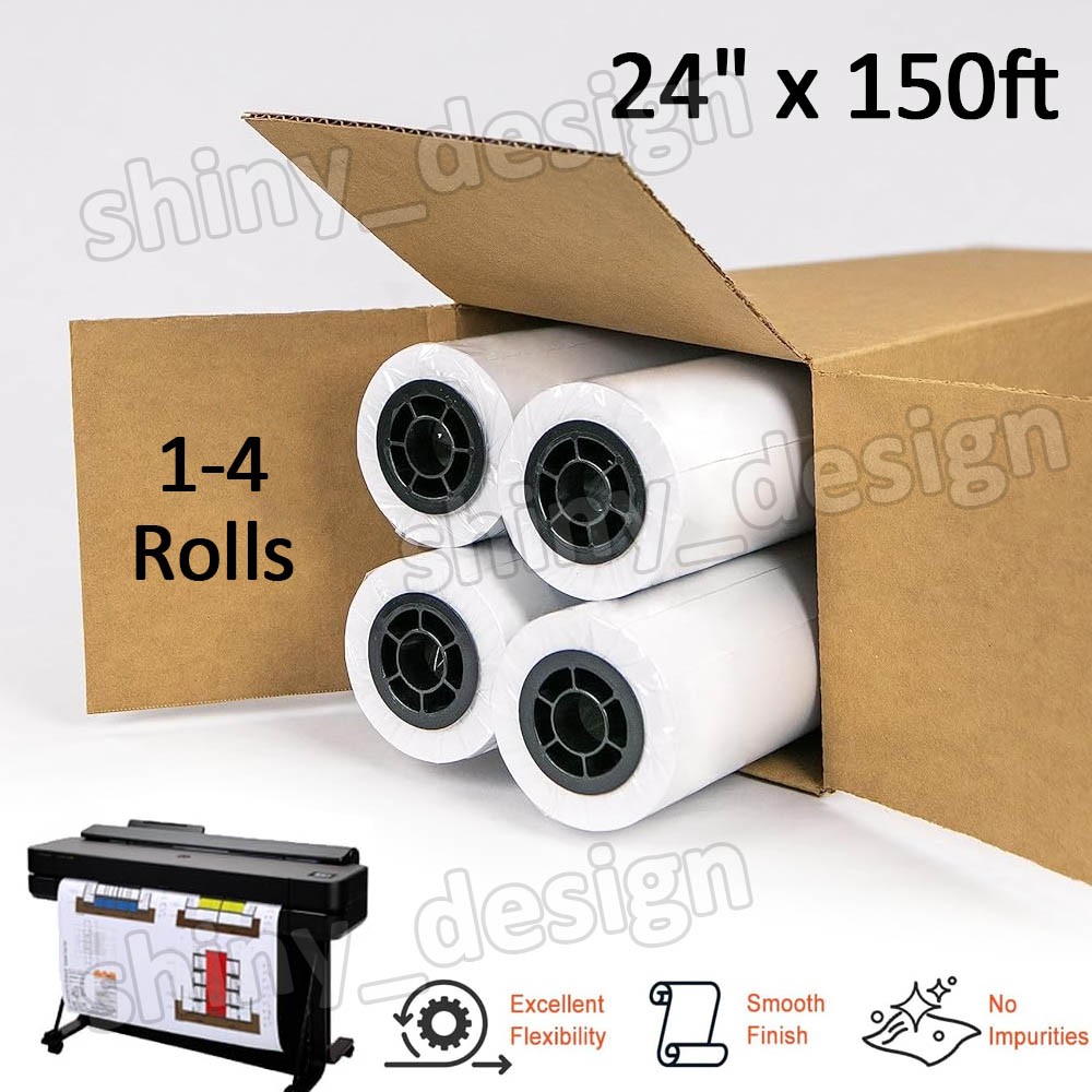 Wide Format Plotter Paper 24" x 150' 20LB Inkjet Bond Rolls 2" Core 1-4 Rolls