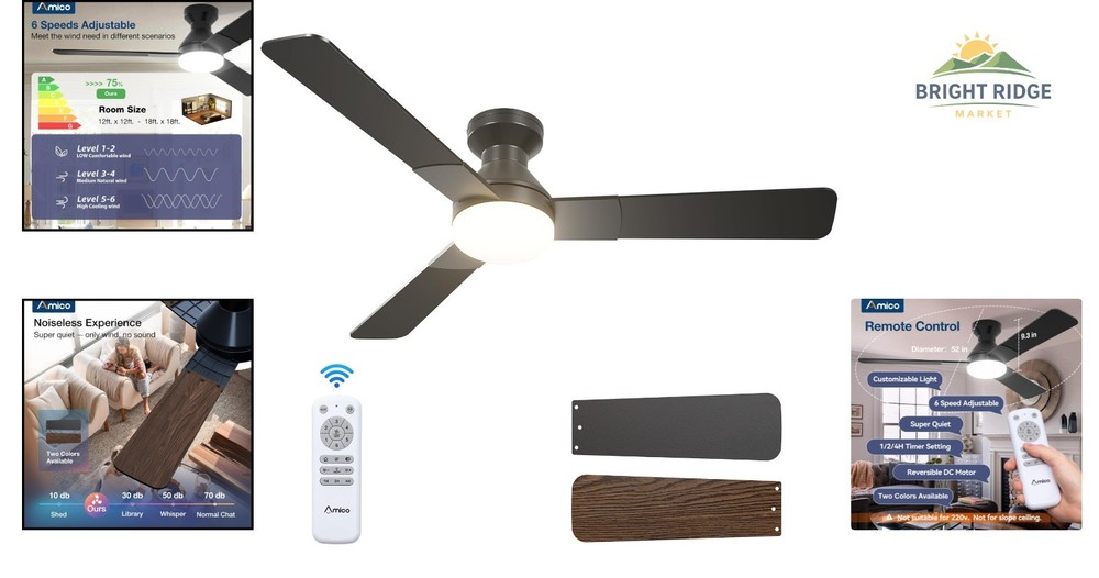 Flush Mount Ceiling Fan, 52 Inch with Reversible Blades and Timer Feature