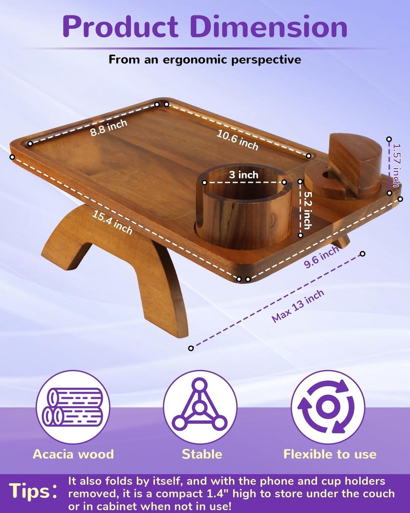 Couch Arm Tray Table with Cup Holder & Adjustable Phone Stand – Foldable A