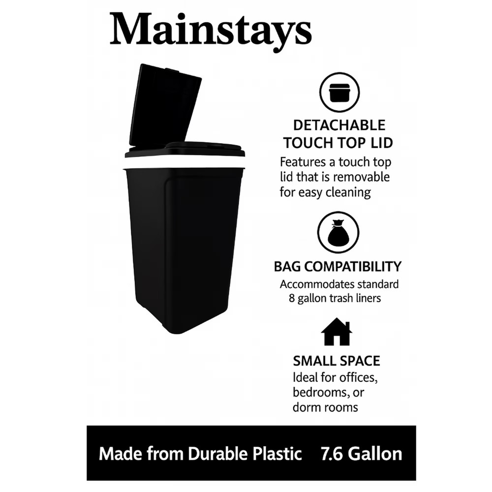 Kitchen Trash Can, 7.6 Gallon Plastic Garbage Bin with Touch Top Lid, Black