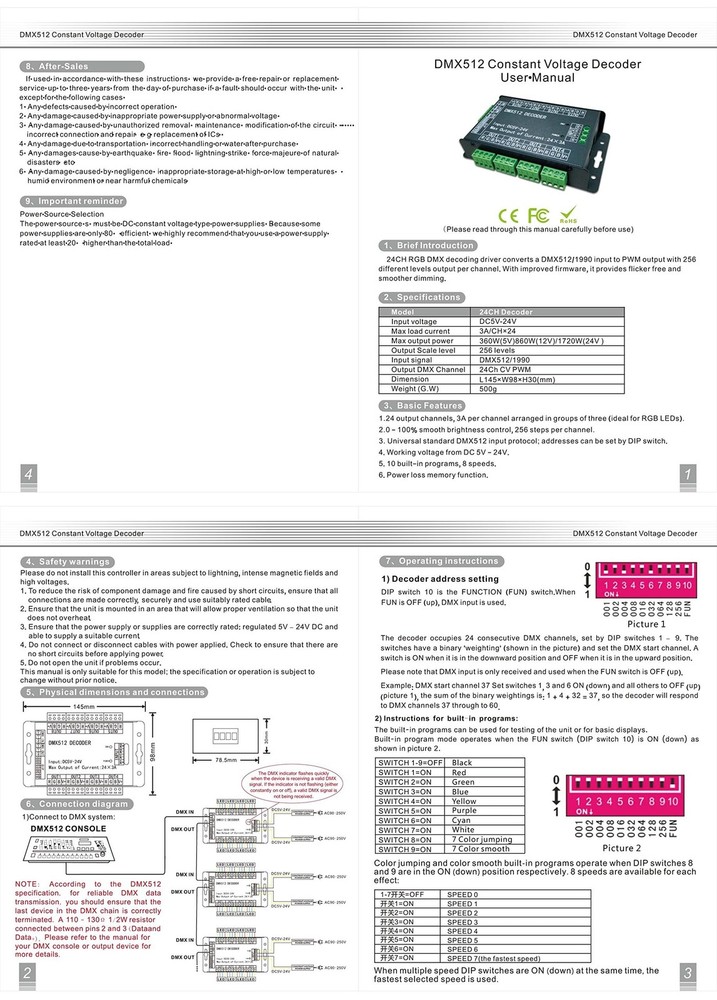 High Power 24 Channel 3A/CH DMX512 Controller Led Decoder Dimmer for Project