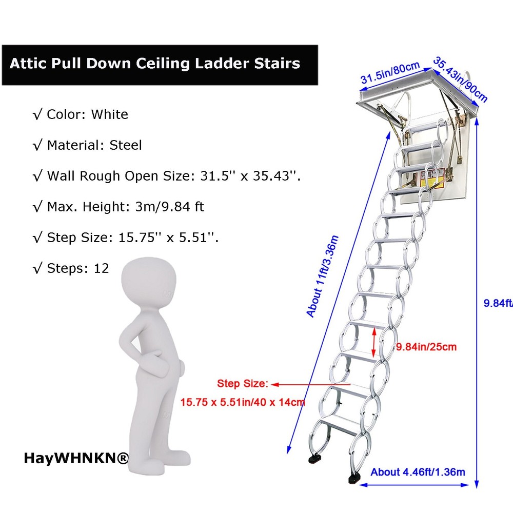 9.84Ft 12 Steps White Attic Pull Down Ceiling Ladder Stairs 31.5'×35.43'' Open