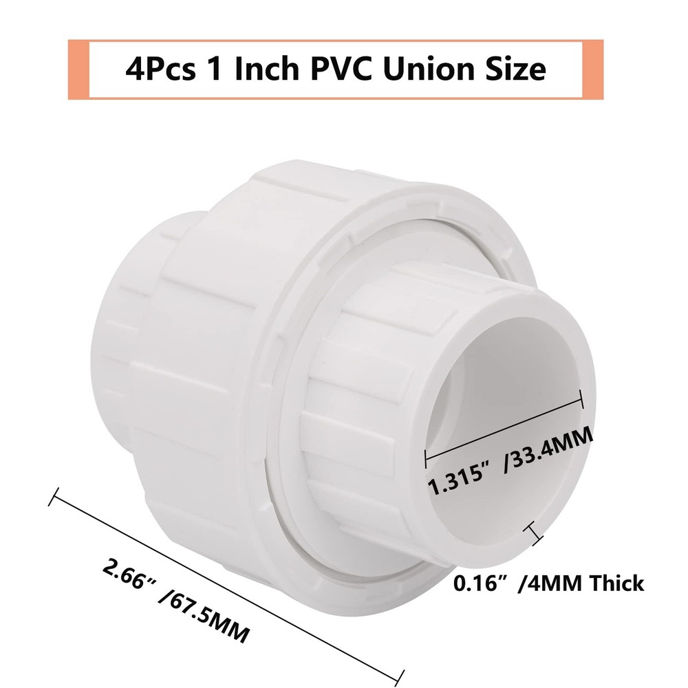 4Pcs 1" PVC Union Coupling Pipe Fitting (Socket x Socket) 1Inch 1Inch, White