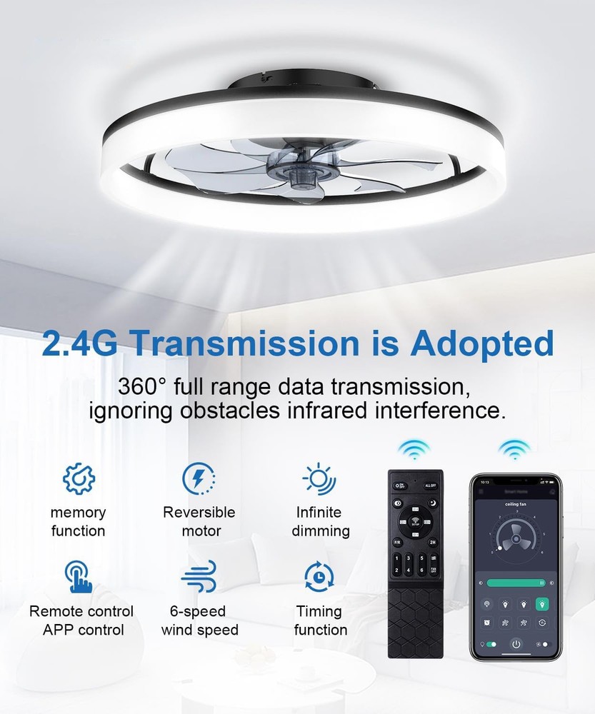 20" Modern Fan Lights Flush Mount LED Ceiling Light kit With APP Remote Control