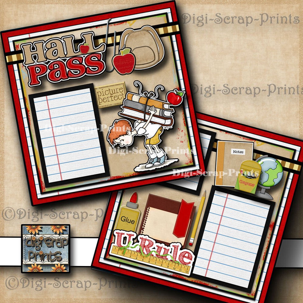 HALL PASS ~ BOY SCHOOL 2 Premade Scrapbook Pages paper layout DIGISCRAP #A0244