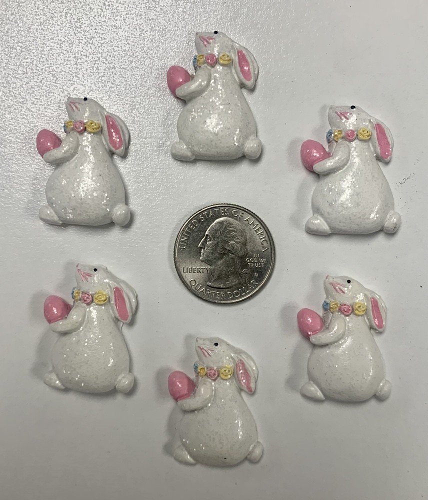 6PC EASTER GLITTER WHITE BUNNY RABBIT FLAT BACK FLATBACK RESIN FOR BOW CENTER
