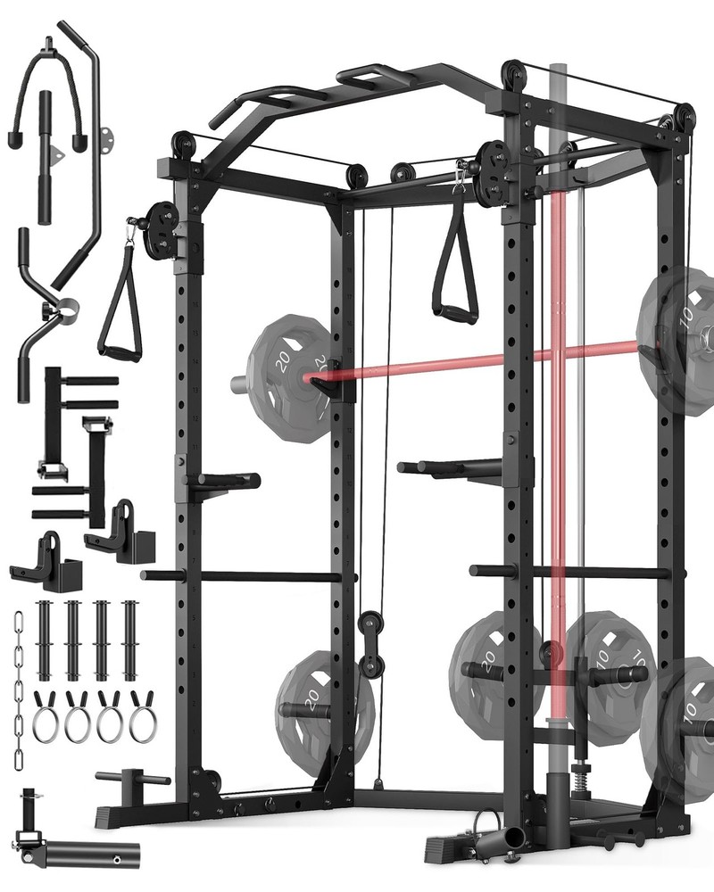 Power Cage 2000lbs Multi-Function Squat Rack w/ Pulley Cable System for Home Gym