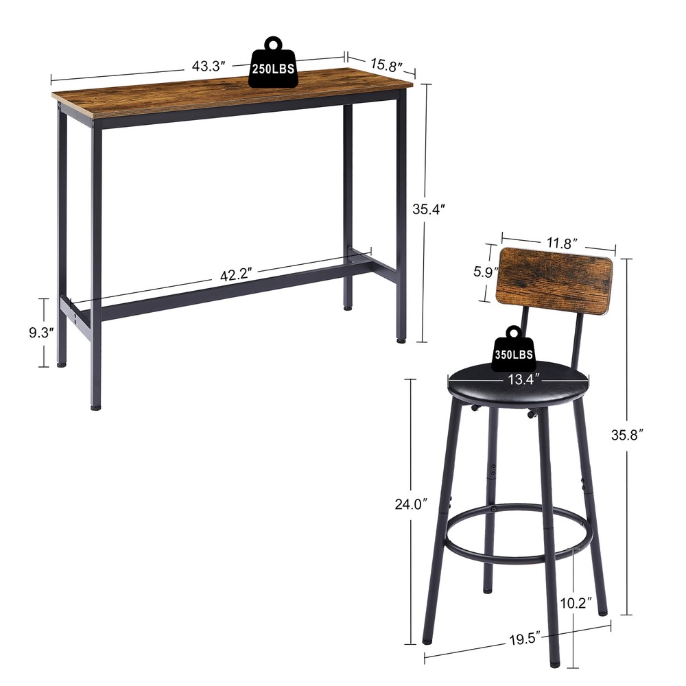 3PCS Bar Table Set Kitchen Dining Breakfast Pub Table + 2 PU Chairs Stools Brown