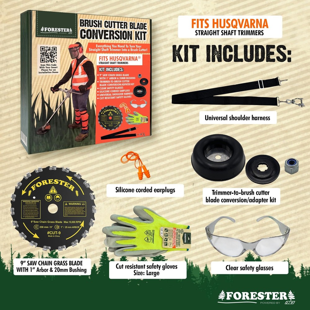 FORESTER Brush Cutter Trimmer Conversion Kit with Cut-9, Includes Safety Glas...