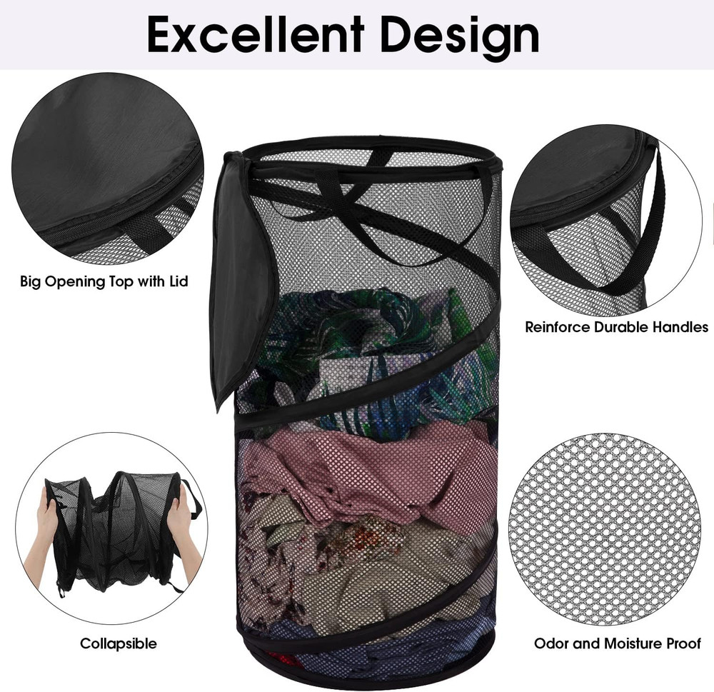 Large Collapsible Laundry Basket with Lid Foldable Mesh Pop Up Hamper with Handl