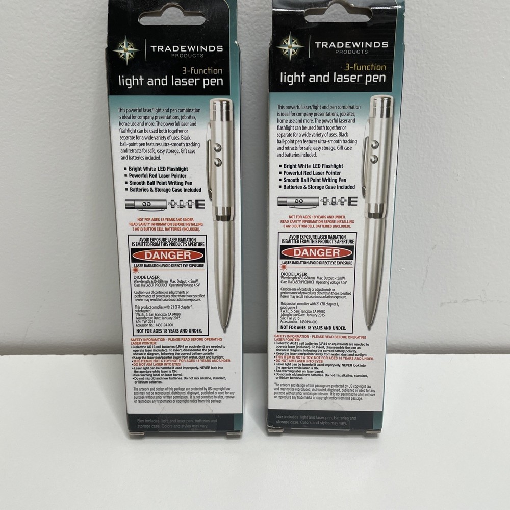 "Tradewinds" Laser Flash Light Pens 3 Function Combo TWO PENS- BRAND NEW