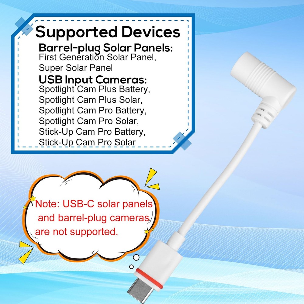 2pcs Barrel Plug to USB-C Power Adapter for Ring Solar Panel & white