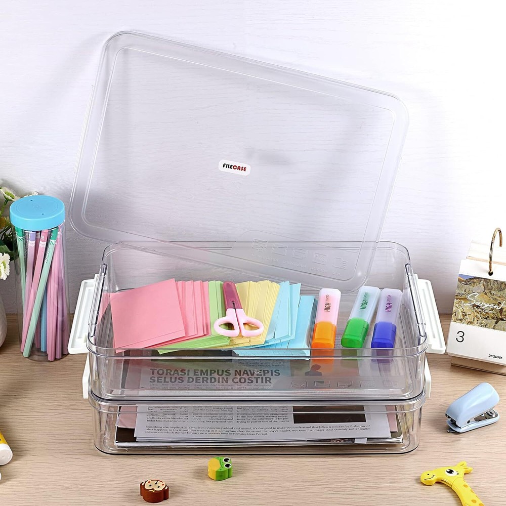 BTSKY 2 Pack Clear Plastic Stackable Storage Box File Protector Big, White