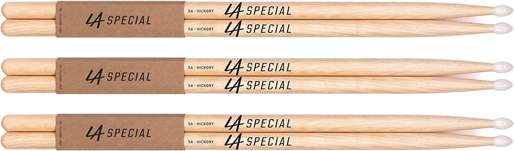 LA SPECIALS 5A Hickory Drumsticks Oval Nylon Tip Three Pairs