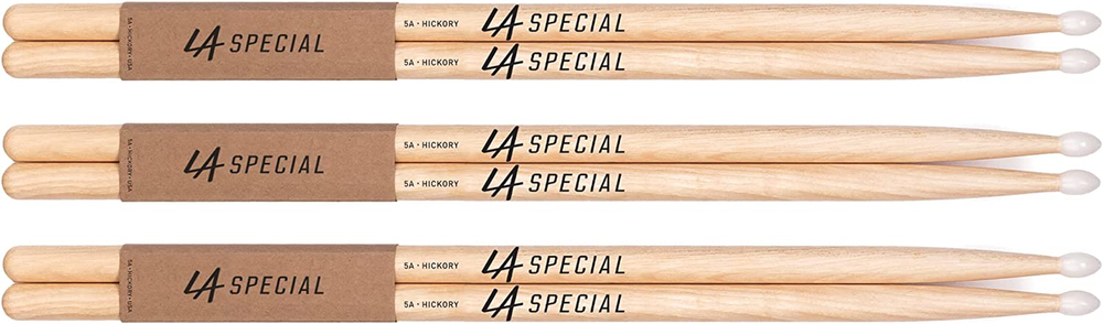 LA SPECIALS 5A Hickory Drumsticks Oval Nylon Tip Three Pairs