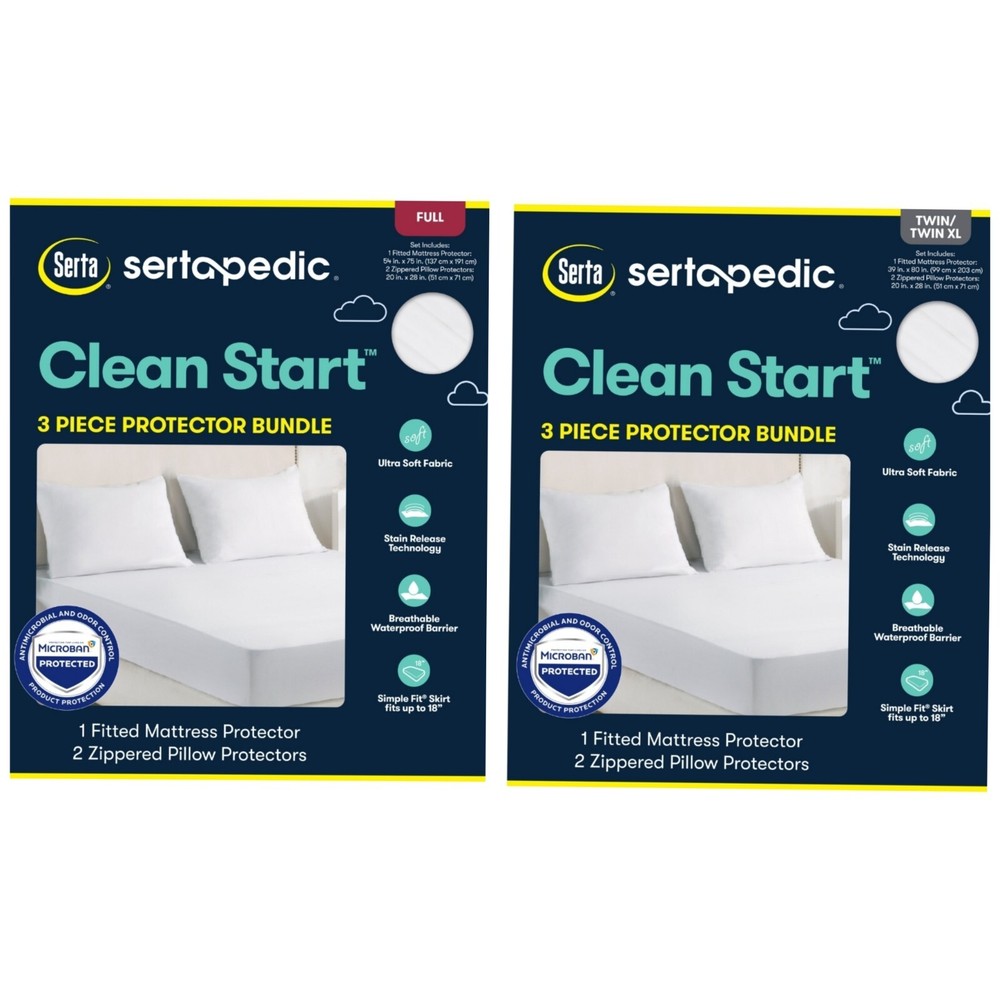 Serta Clean Start 3-Pc Mattress Protector + Pillow Protector Bundle Twin or Full