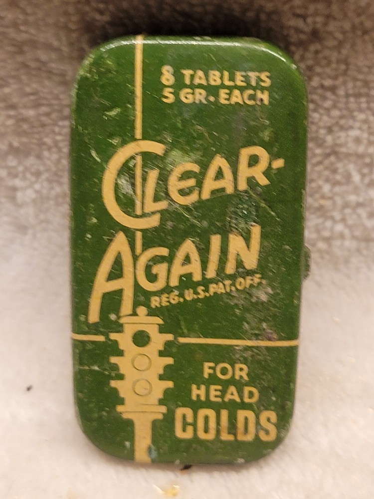 CLEAR AGAIN TIN w STOP LIGHT GRAPHICS AURORA LABORATORIES CHICAGO ILLINOIS