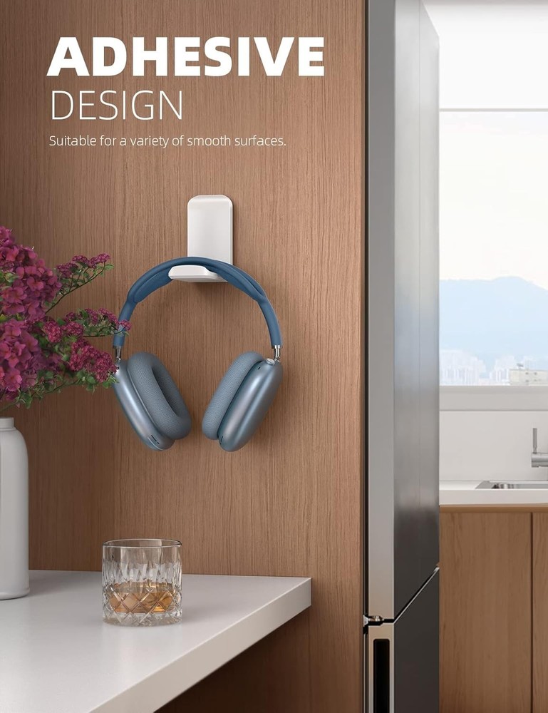 Foldable White Headphone Stand - Strong Adhesive Hook for Clutter-Free Spaces