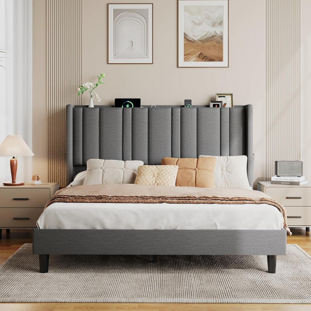 Queen Size Headboard with Storage, LED Light, Linen Vertical Wingback Headboard