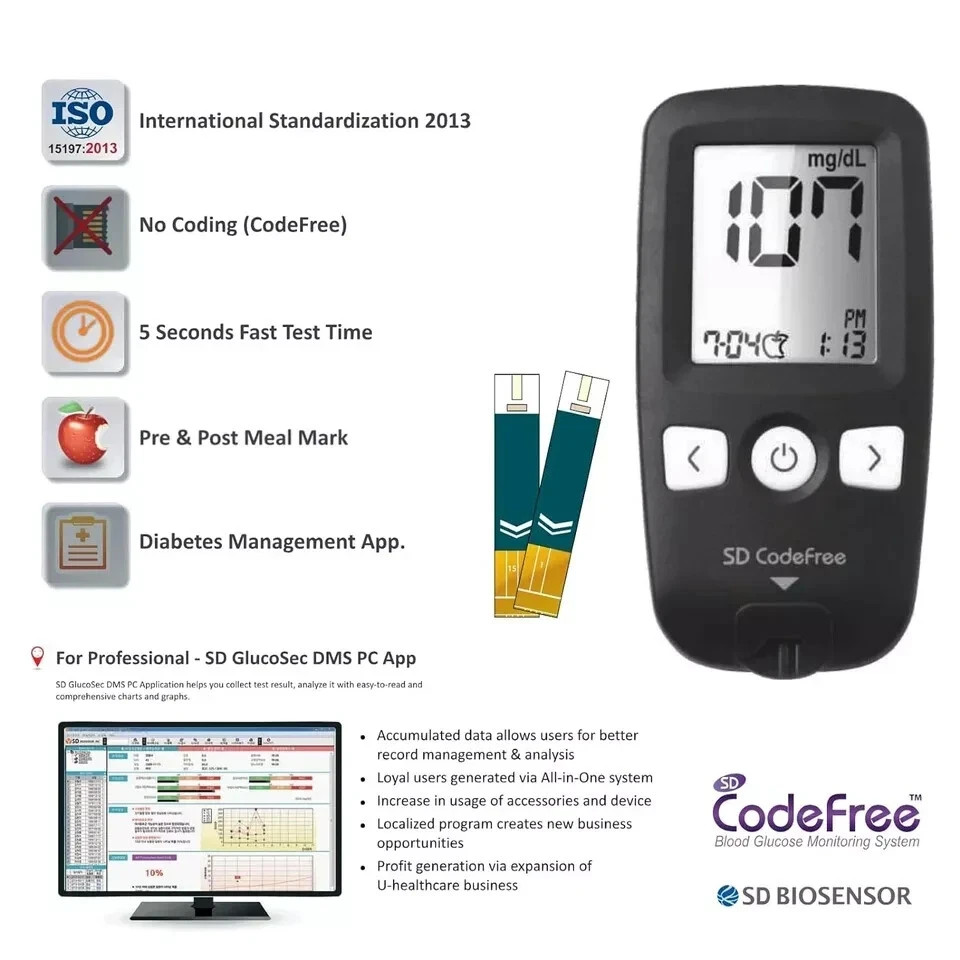 SD Codefree Glucometer Kit With Test Strip, Lanchet 100 Pic Each