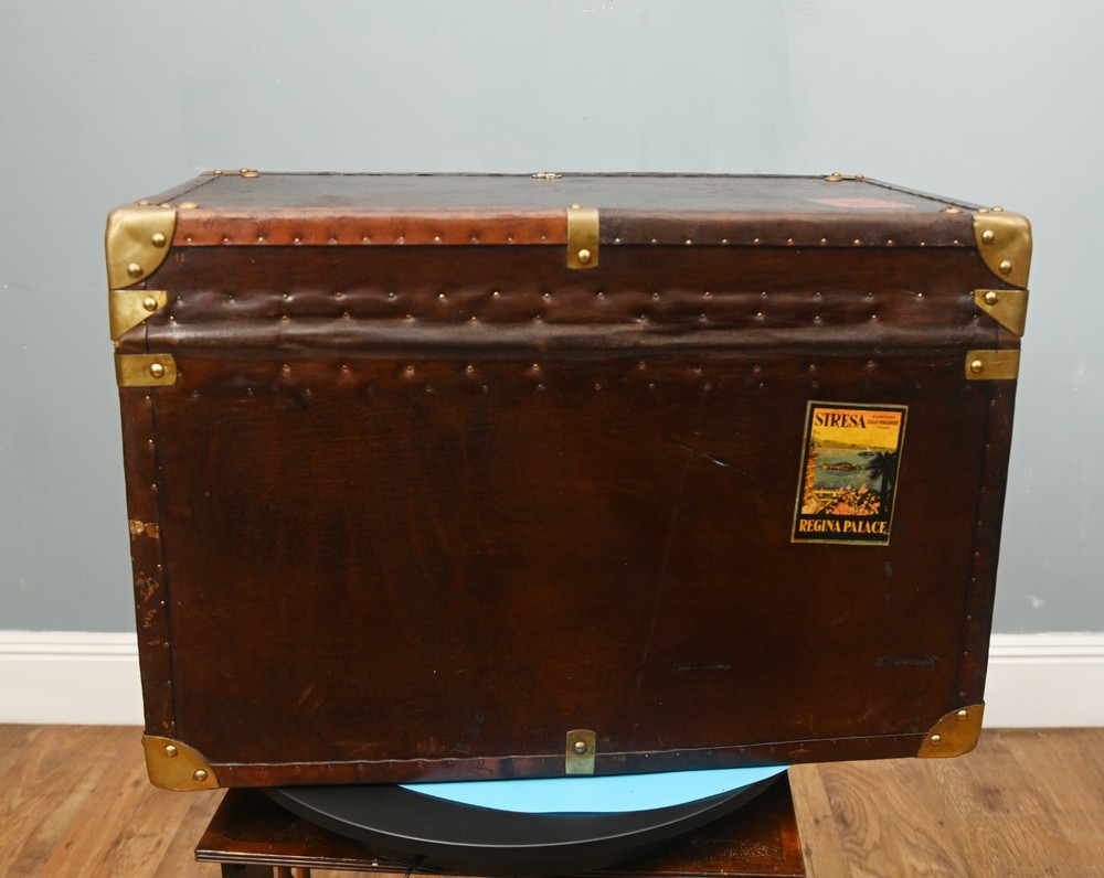 Vintage Leather Travel Trunk Steamer Case Table