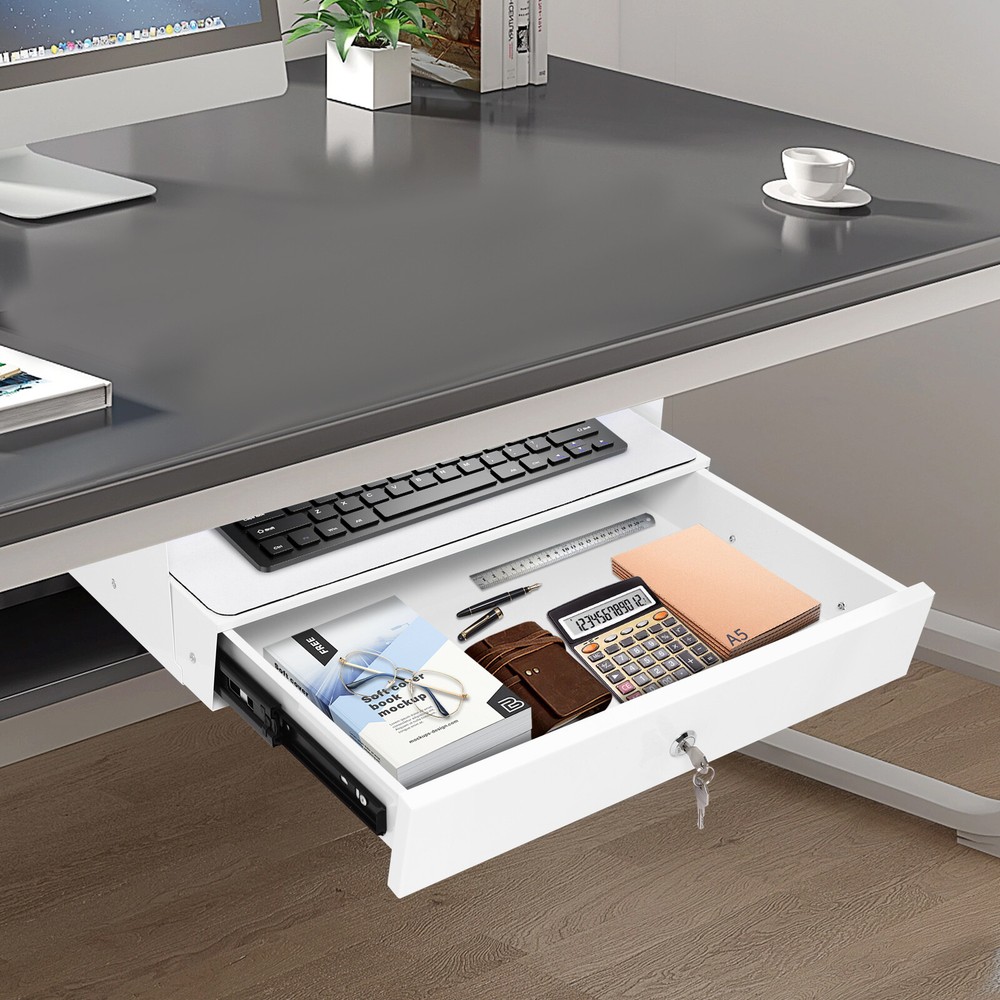 Under Desk Mounted Pull-Out Drawer, Sturdy Iron Construction, Non-Toxic and