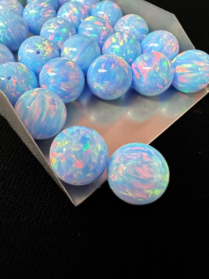 Half Drilled Light Blue Synthetic Lab Created Opal Round Beads