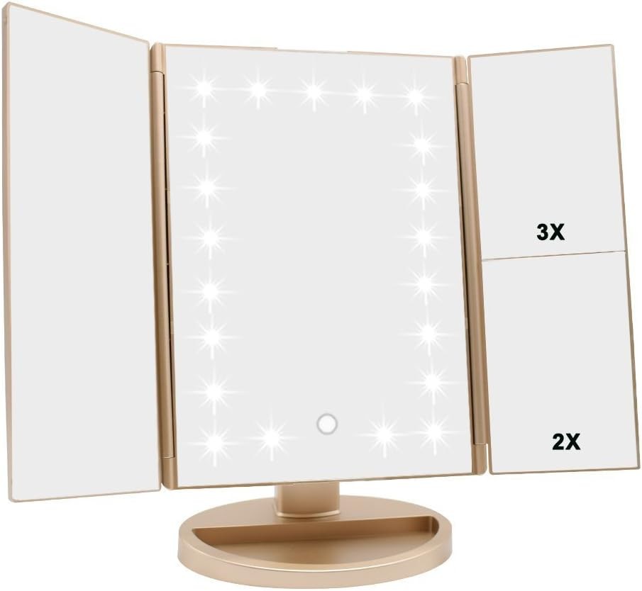 Tri-fold Lighted Vanity Makeup Mirror W/ 3x/2x Magnification,Light up Mirror