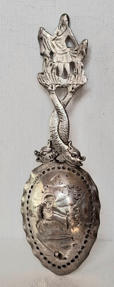 ANTIQUE GERMAN 800 SILVER DRAGON FISH HANDLE TEA CADDY SPOON