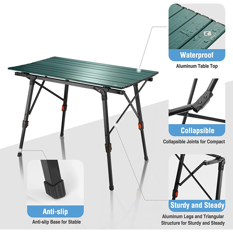 VILLEY Portable Camping Table with Adjustable Lightweight Folding Beach Table