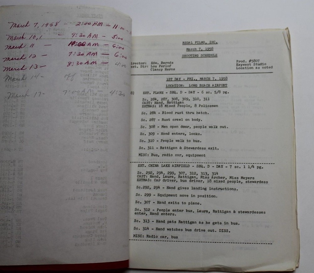 SPACE MASTER X-7 / 1958 SHOOTING SCHEDULE used by Actress Lyn Thomas, Sci Fi
