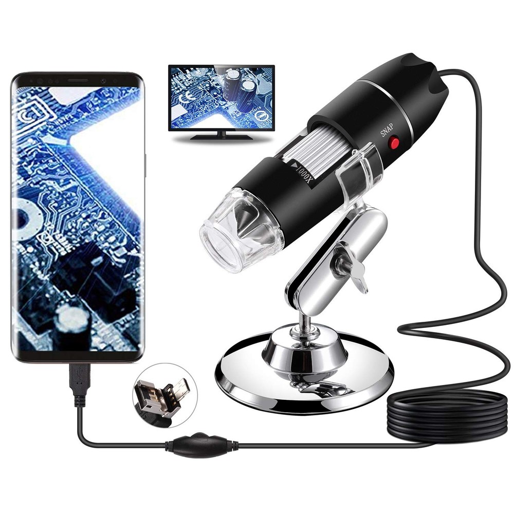 USB Microscope 40-1000X for Android/PC, Digital Camera with 8 LED Lights
