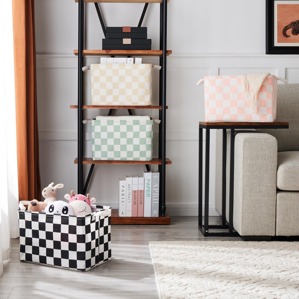 Sage Green Checkered Canvas Basket, Rectangular Organizing Decorative Storage...