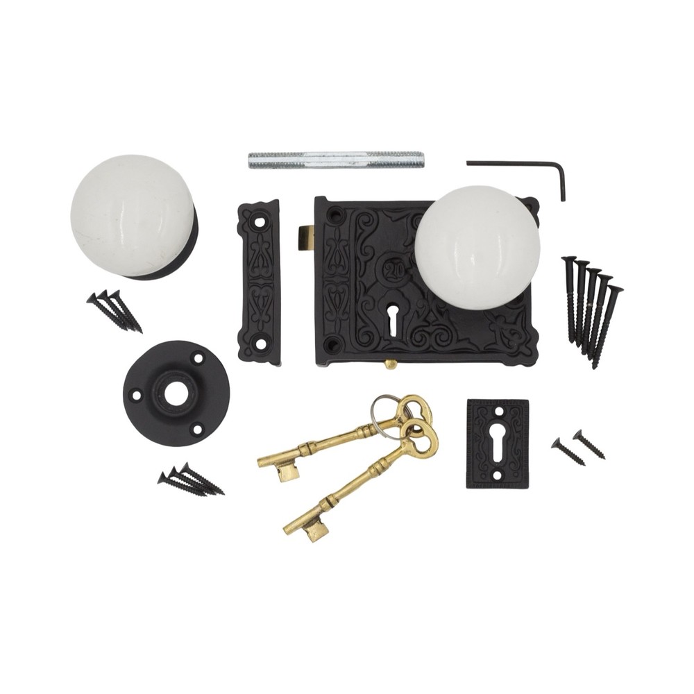 Rectangular Rim Lock Cast Iron Victorian Box Decorative w White Porcelain Knobs