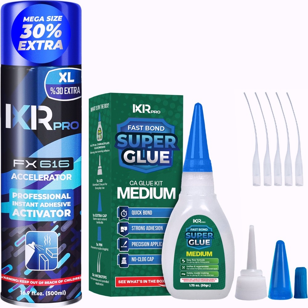 ixirpro CA Glue Medium Viscosity Kit 1.75 oz + CA Glue Activator Spray 16.9 oz