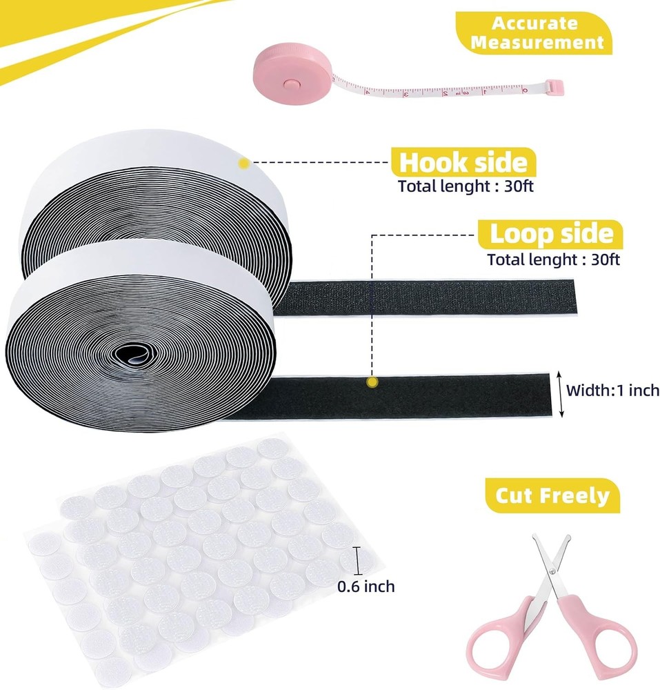 30Ft x 1 Strips with Adhesive, Hook and Loop Strips with Adhesive, Double Rolls