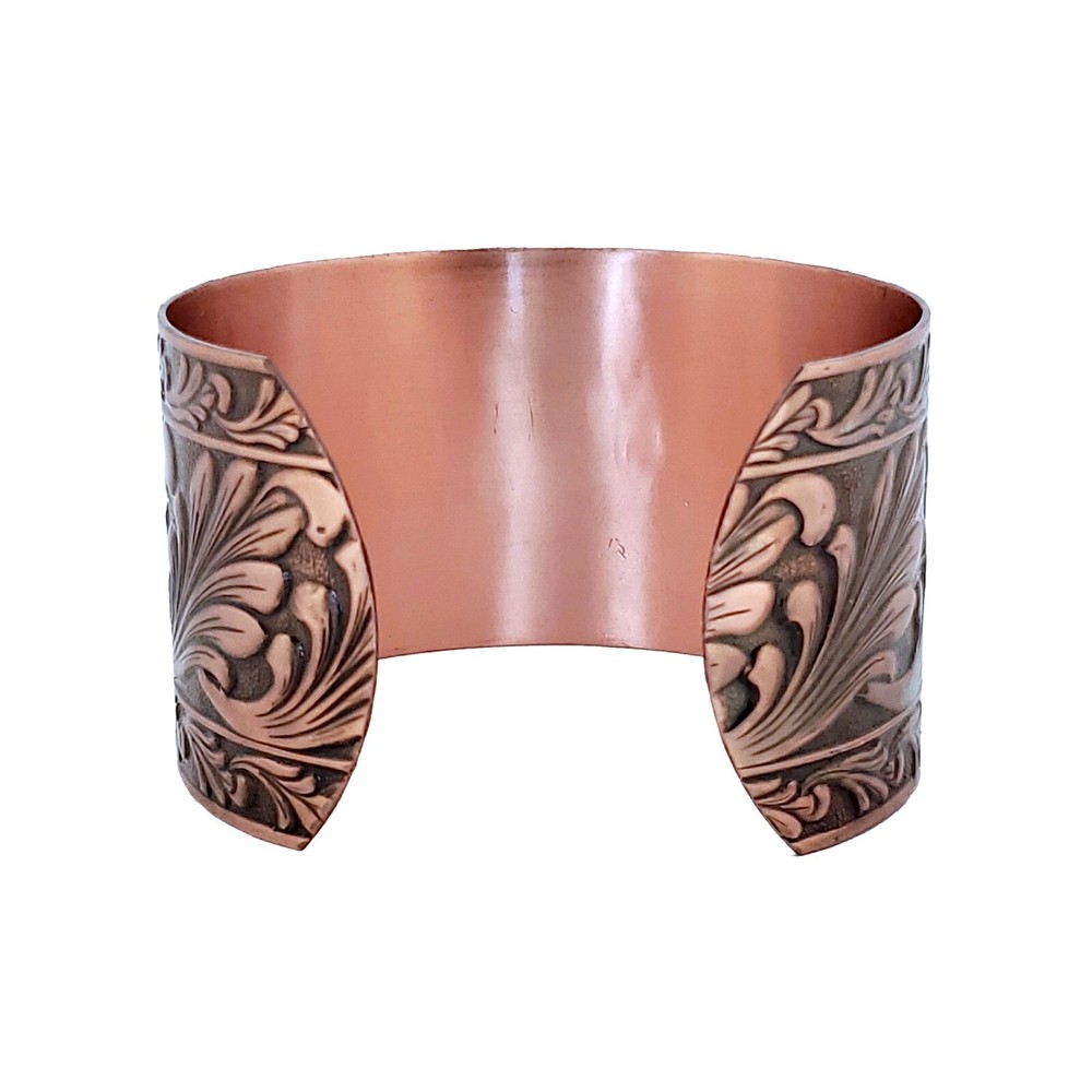 Solid Copper Adjustable Cuff Bracelet with Embossed Floral Design Antique Finish