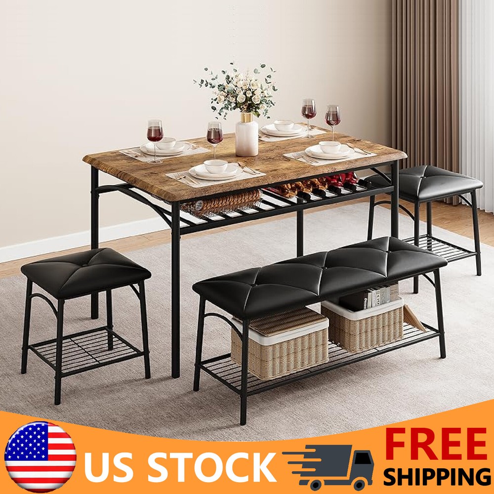 Dining Table Set for 4 Kitchen Table w/Upholstered Bench and Stools Storage Rack