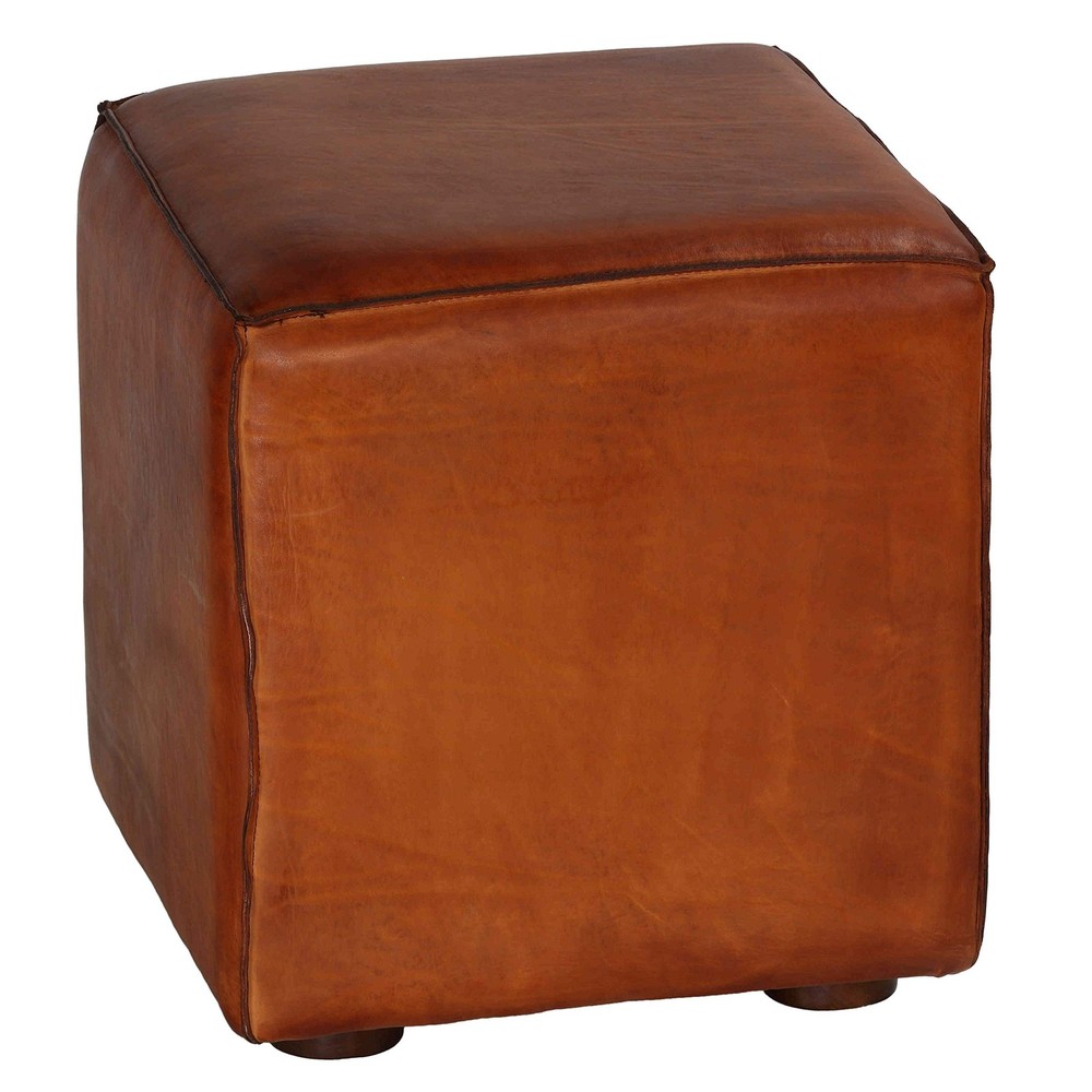 Sands Genuine Leather Cube Ottoman, Saddle Brown