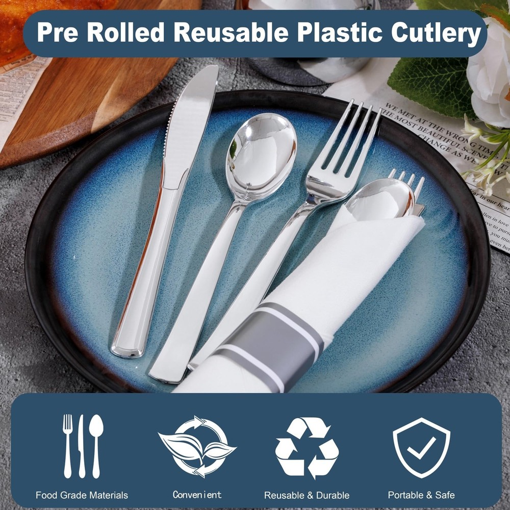 400PCS Pre Rolled Silver Plastic Silverware Sets - Heavy Duty Silver Cutlery ...