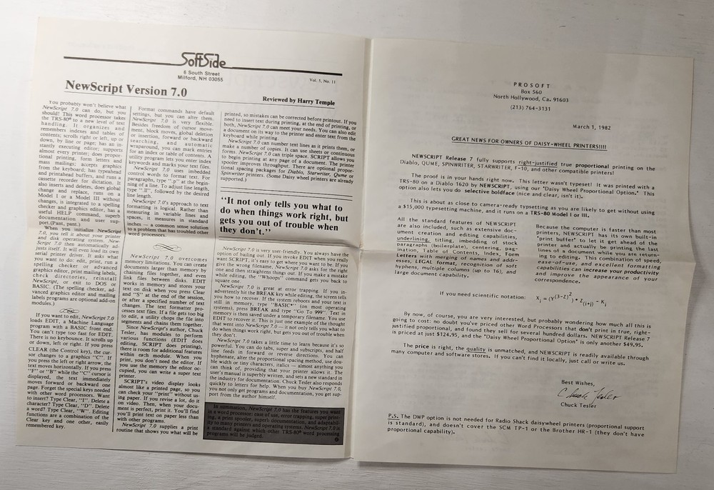 Tandy TRS-80 Pro Soft PROSOFT Newscript Software Manual - Catalog - Ephemera
