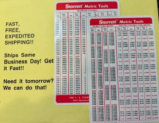 Starrett Metric Tools Chart; FREE SAME DAY USPS SHIPPING!