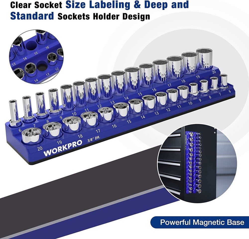WORKPRO Magnetic Socket Organizer Set 3PC Socket Holder Set 1/4"3/8"&1/2"Drive