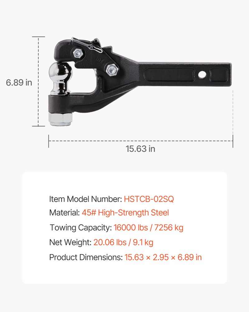 Pintle Hitch 2 inches Receiver Hook for 2.5 to 3 inches Lunette Ring 16000 lbs