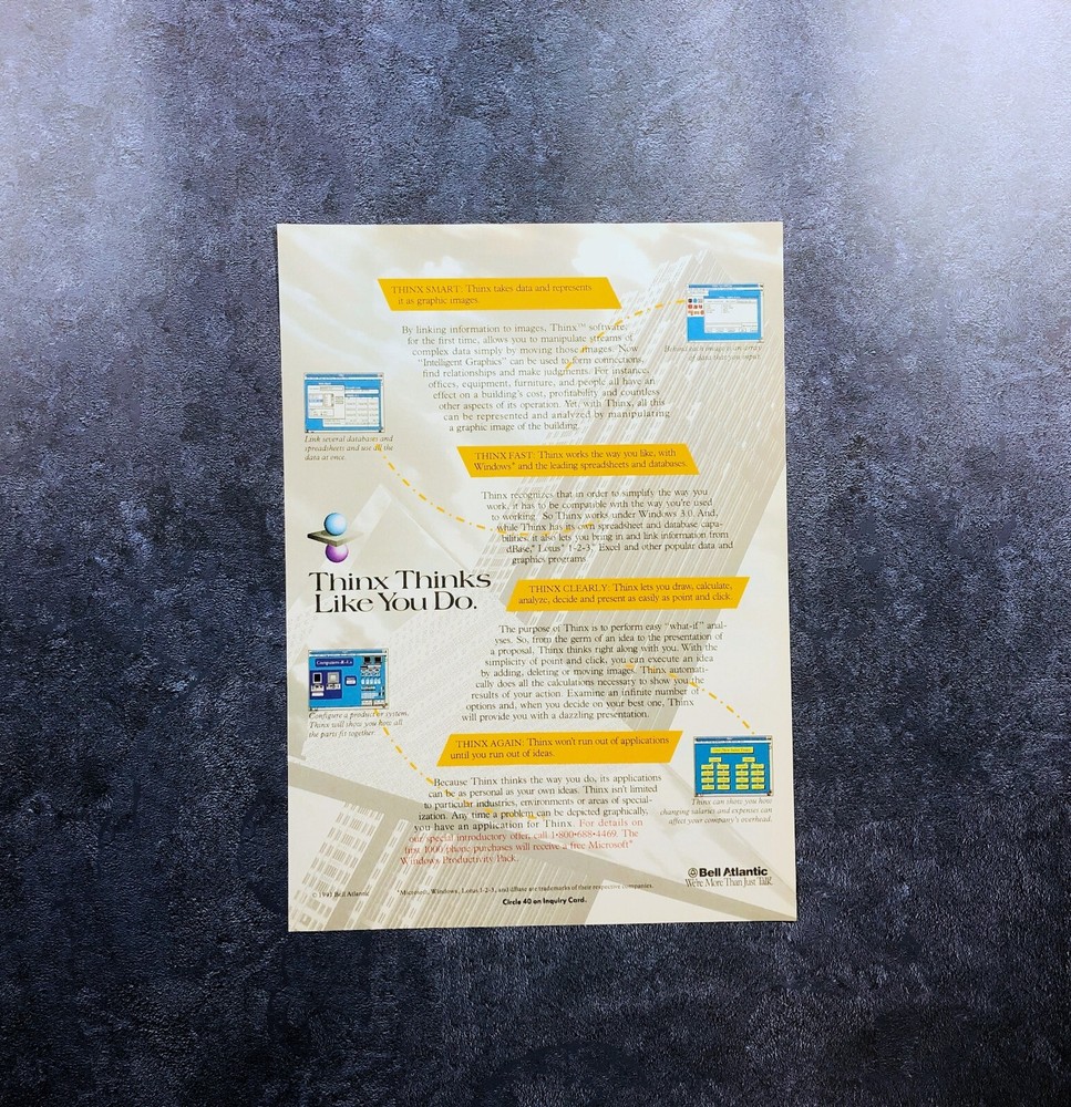 1991 Bell Atlantic Thinx Graphics Database Software PRINT AD Retro Computers PC