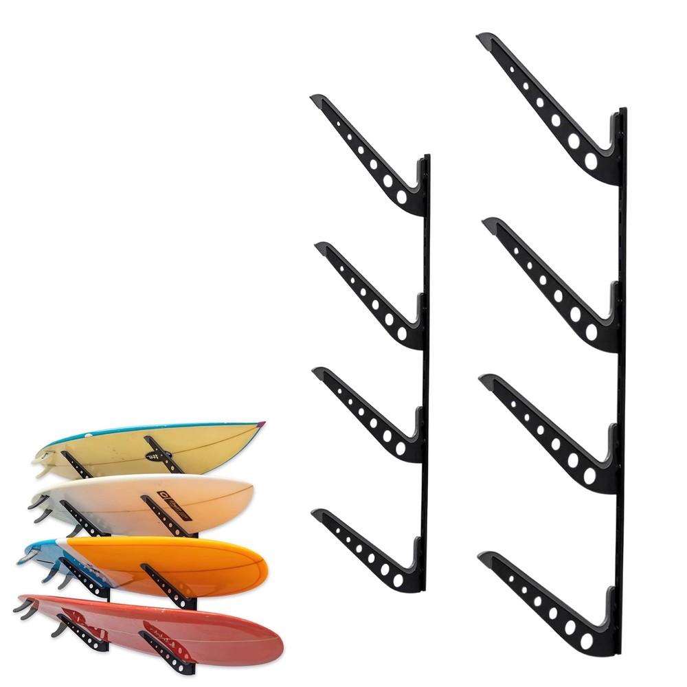 Adjustable Surfboard Storage Rack, 4 Board Wall Mount Display, Black