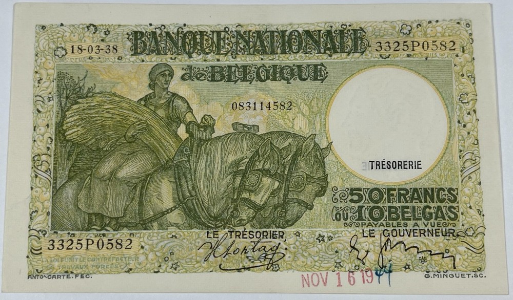 Belgium 50 Francs 1938 Very Nice Note (#167)